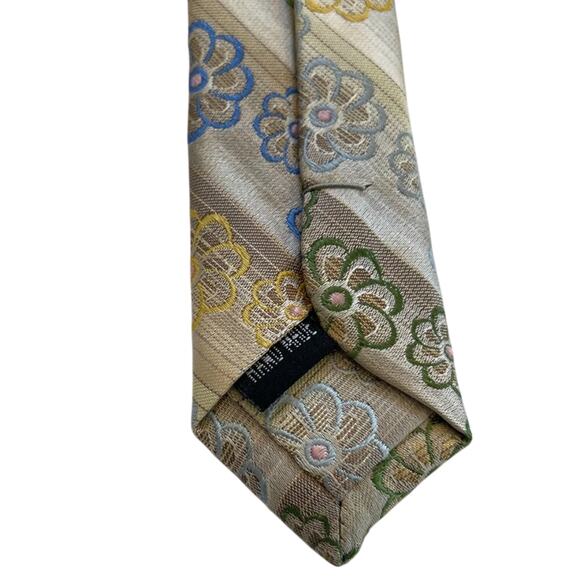 Emilio Ponti Roma Milano Mens Silk Striped Floral Tie, Gold Blue Green Tan, 61" - Picture 5 of 9